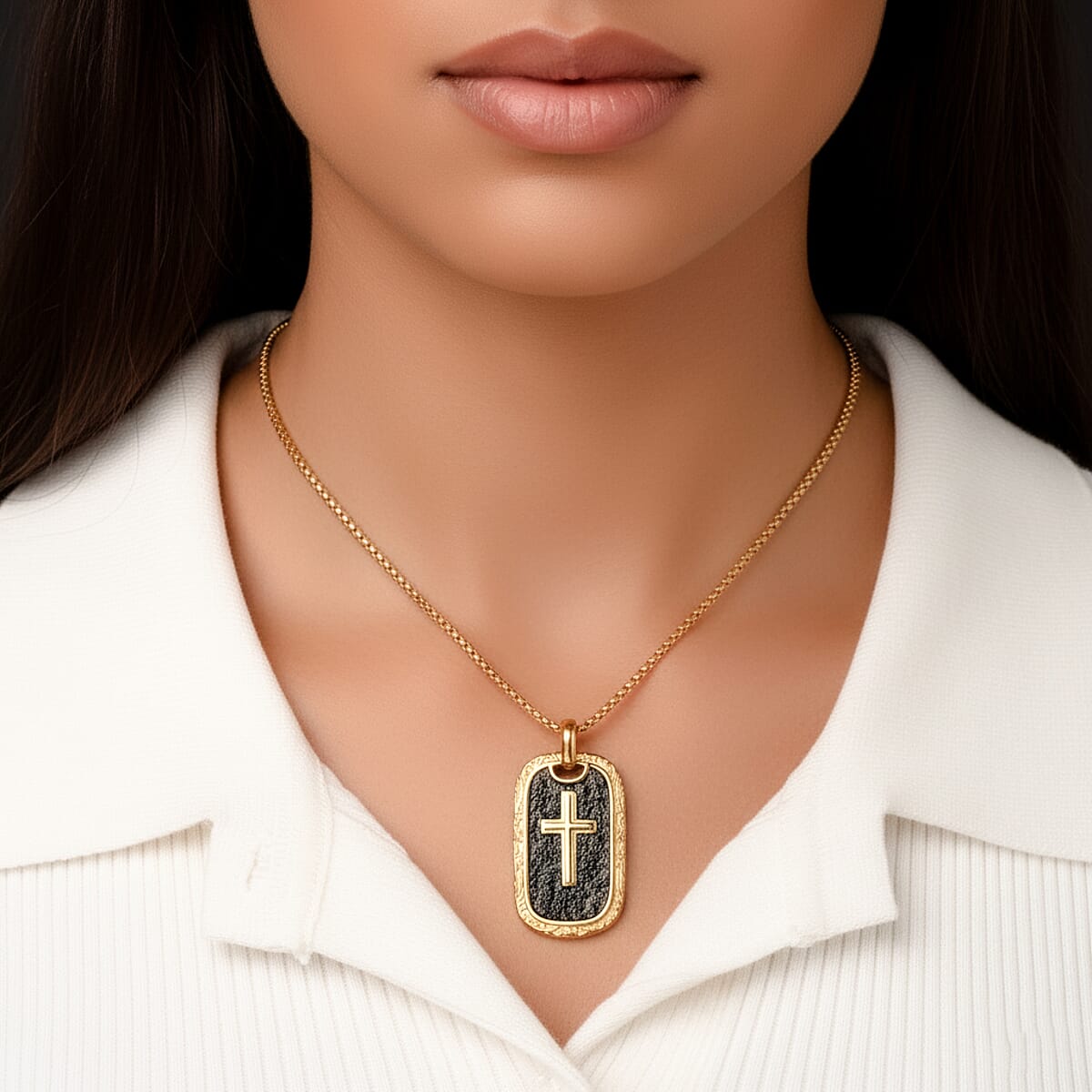 Gold Cross Pendant Necklace in ION Plated YG and Black Oxidized Stainless Steel (20-22 Inches) image number 2