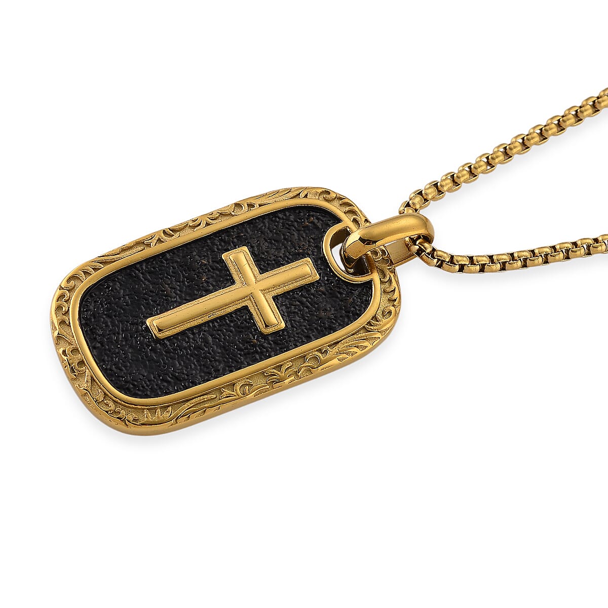 Gold Cross Pendant Necklace in ION Plated YG and Black Oxidized Stainless Steel (20-22 Inches) image number 3