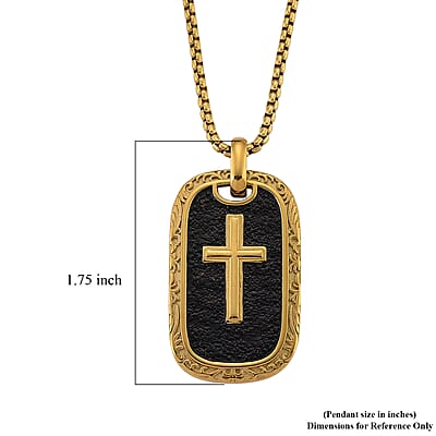 Gold Cross Pendant Necklace in ION Plated YG and Black Oxidized Stainless Steel (20-22 Inches)