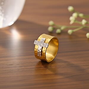 Hammered Cross Design Ring in ION Plated YG and Stainless Steel (Size 10.0)