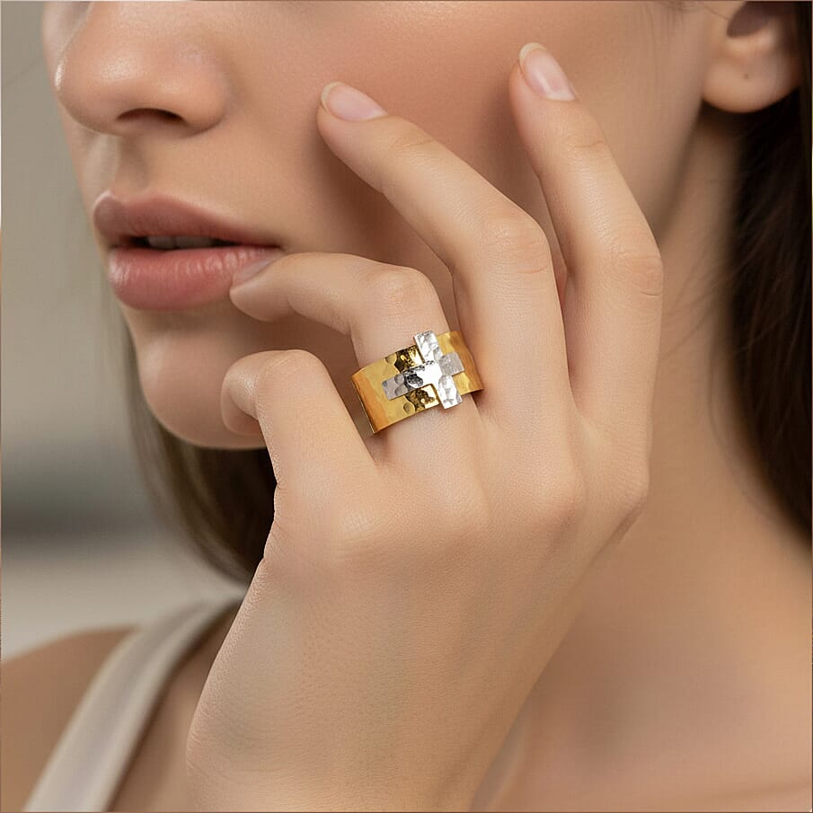 Hammered Cross Design Ring in ION Plated YG and Stainless Steel (Size 10.0)