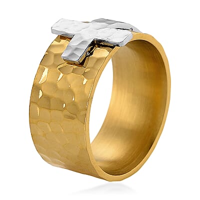 Hammered Cross Design Ring in ION Plated YG and Stainless Steel (Size 10.0)