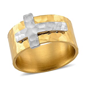 Hammered Cross Design Ring in ION Plated YG and Stainless Steel (Size 8.0)