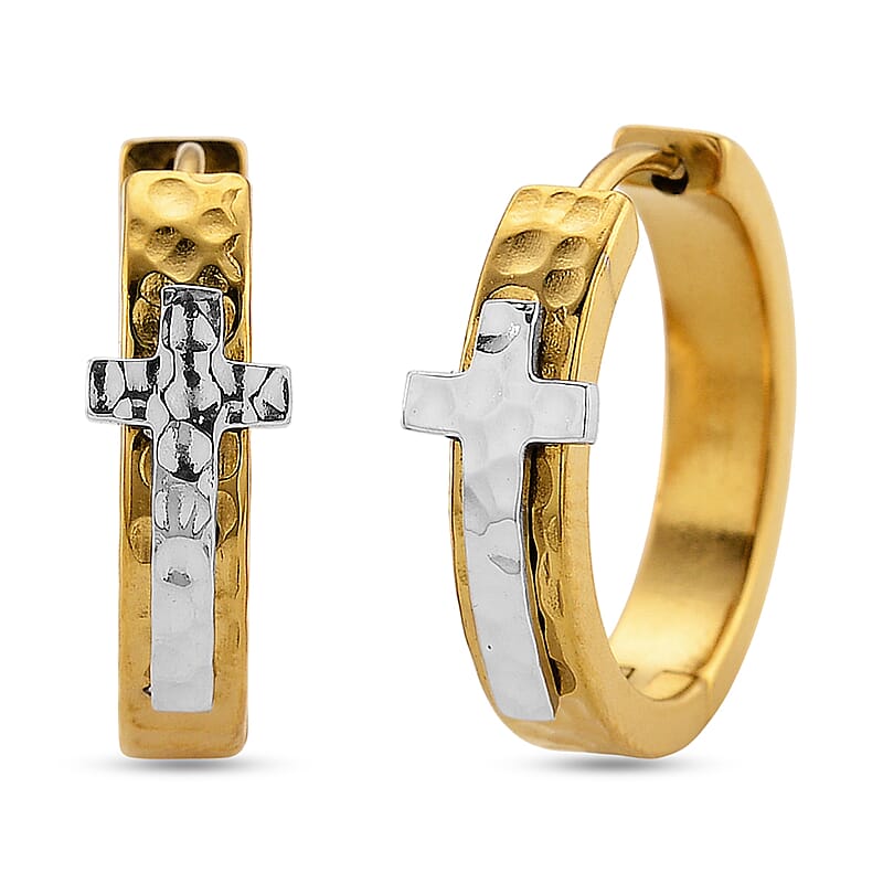 Huggie Hoop Earrings in ION Plated YG and Stainless Steel (Hammered Texture, Cross Design)