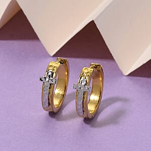 Huggie Hoop Earrings in ION Plated YG and Stainless Steel (Hammered Texture, Cross Design)