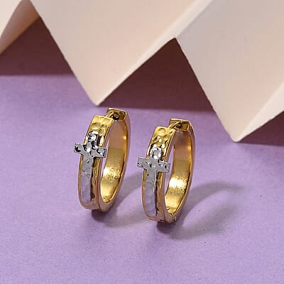 Huggie Hoop Earrings in ION Plated YG and Stainless Steel (Hammered Texture, Cross Design)