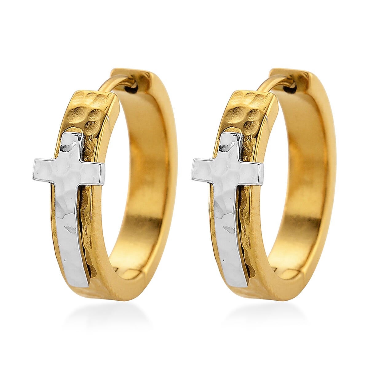 Huggie Hoop Earrings in ION Plated YG and Stainless Steel (Hammered Texture, Cross Design) image number 3