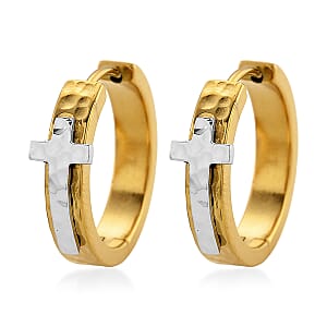 Huggie Hoop Earrings in ION Plated YG and Stainless Steel (Hammered Texture, Cross Design)