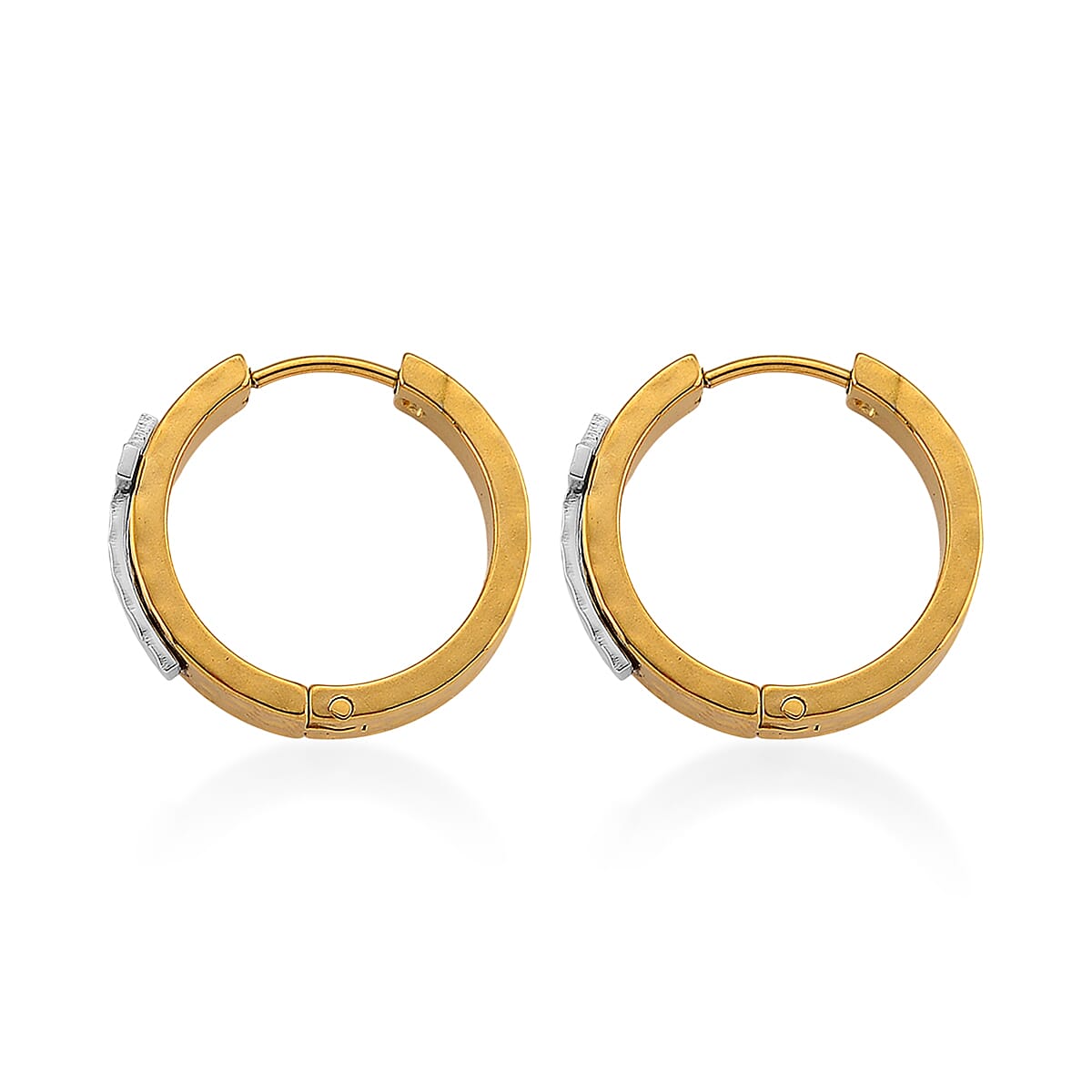 Huggie Hoop Earrings in ION Plated YG and Stainless Steel (Hammered Texture, Cross Design) image number 4