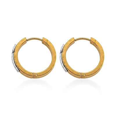 Huggie Hoop Earrings in ION Plated YG and Stainless Steel (Hammered Texture, Cross Design)