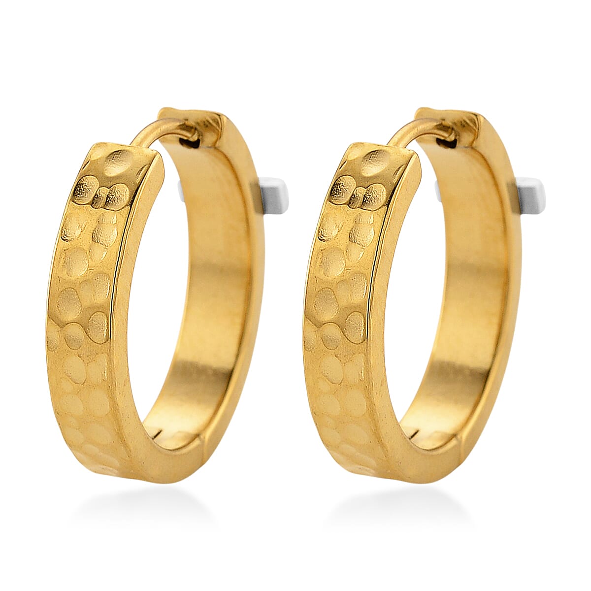 Huggie Hoop Earrings in ION Plated YG and Stainless Steel (Hammered Texture, Cross Design) image number 5