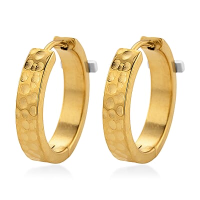 Huggie Hoop Earrings in ION Plated YG and Stainless Steel (Hammered Texture, Cross Design)