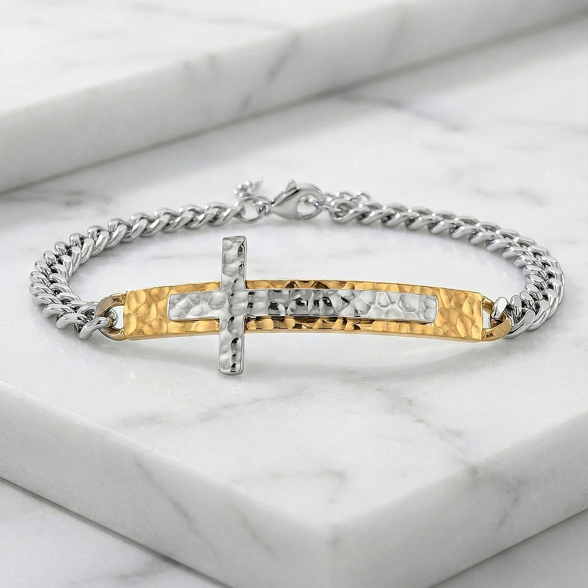 Hammered Cross Bracelet in ION Plated YG Stainless Steel (7.50-9.0In) image number 1