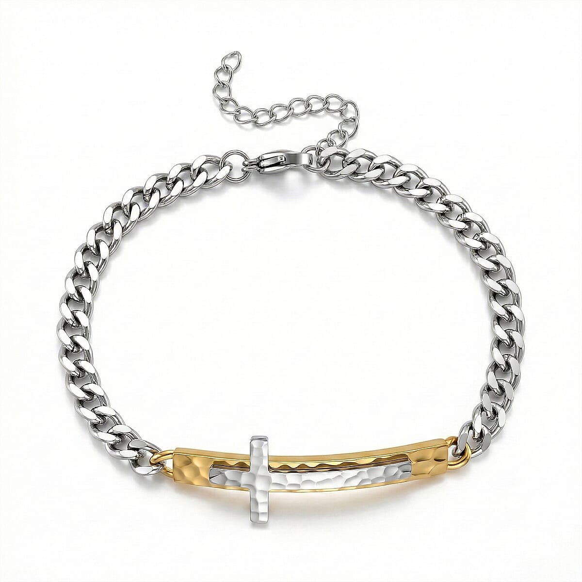 Hammered Cross Bracelet in ION Plated YG Stainless Steel (7.50-9.0In) image number 5