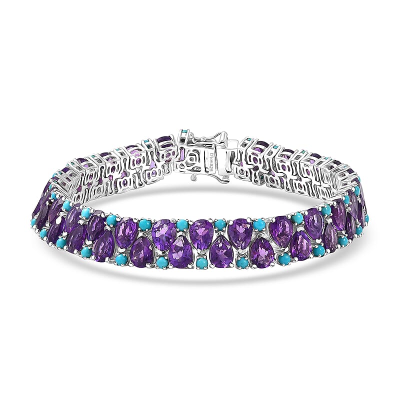 D'Joy African Amethyst and Lagoon Turquoise 30.85 ctw Tear of The Moon Bracelet in Rhodium Over Sterling Silver (6.50 In)