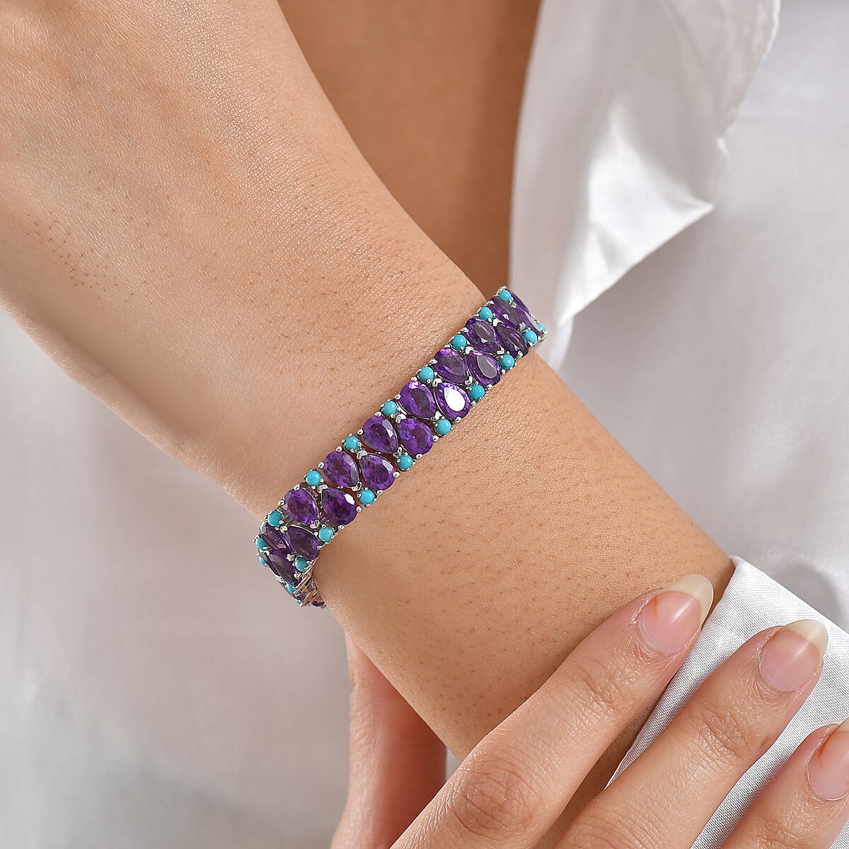 Doorbuster D'Joy African Amethyst and Lagoon Turquoise 30.85 ctw Tear of The Moon Bracelet in Rhodium Over Sterling Silver (6.50 In) image number 2