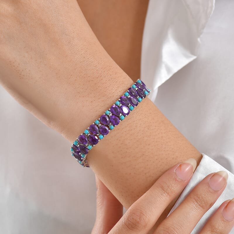 D'Joy African Amethyst and Lagoon Turquoise 30.85 ctw Tear of The Moon Bracelet in Rhodium Over Sterling Silver (6.50 In)