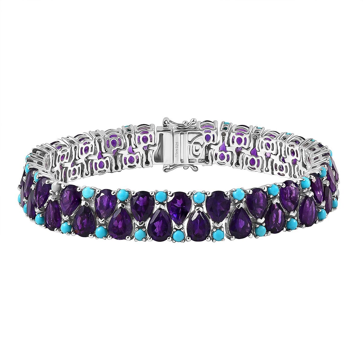 Doorbuster D'Joy African Amethyst and Lagoon Turquoise 33.90 ctw Tear of The Moon Bracelet in Rhodium Over Sterling Silver (7.25 In) image number 0