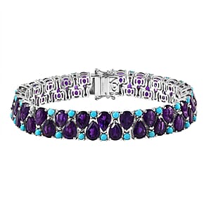Doorbuster D'Joy African Amethyst and Lagoon Turquoise 33.90 ctw Tear of The Moon Bracelet in Rhodium Over Sterling Silver (7.25 In)