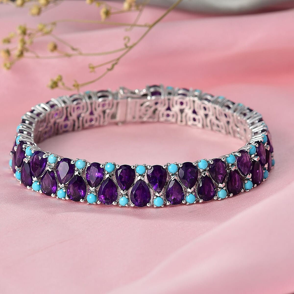 Doorbuster D'Joy African Amethyst and Lagoon Turquoise 33.90 ctw Tear of The Moon Bracelet in Rhodium Over Sterling Silver (7.25 In) image number 1
