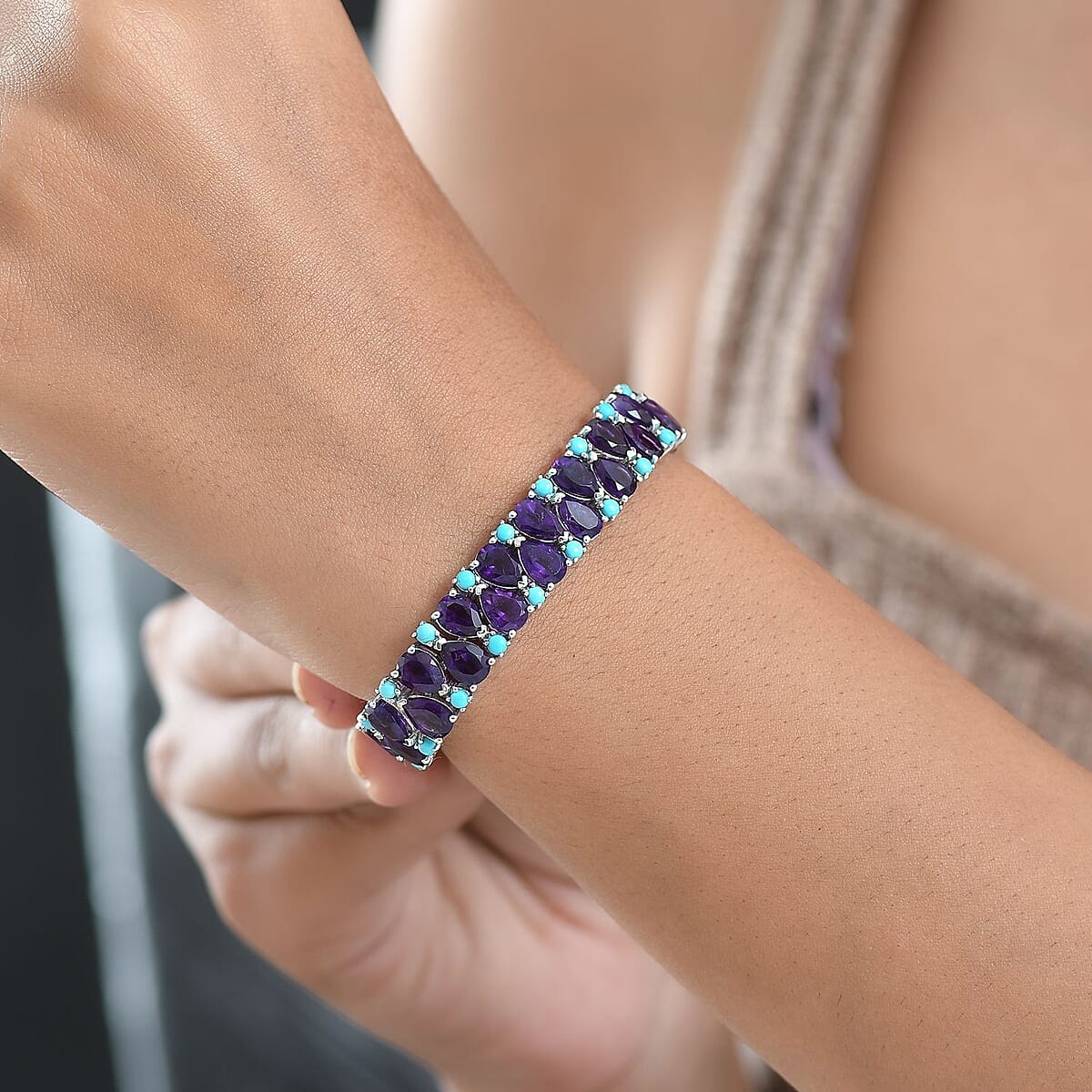 Doorbuster D'Joy African Amethyst and Lagoon Turquoise 33.90 ctw Tear of The Moon Bracelet in Rhodium Over Sterling Silver (7.25 In) image number 2