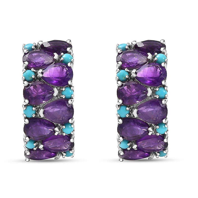D'Joy African Amethyst and Lagoon Turquoise 12.10 ctw Tears of The Moon Earrings in Rhodium Over Sterling Silver
