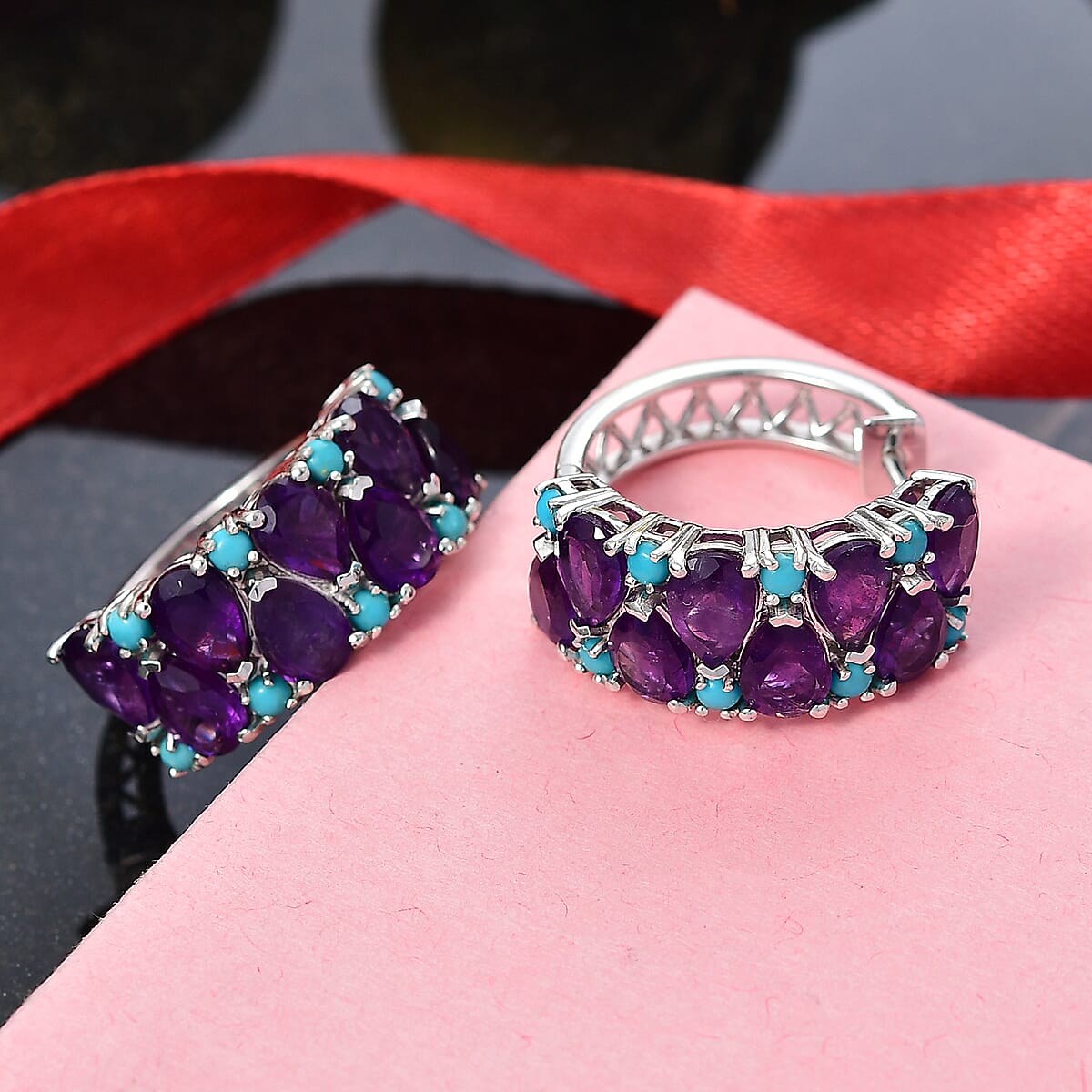 Doorbuster D'Joy African Amethyst and Lagoon Turquoise 12.10 ctw Tears of The Moon Earrings in Rhodium Over Sterling Silver image number 1