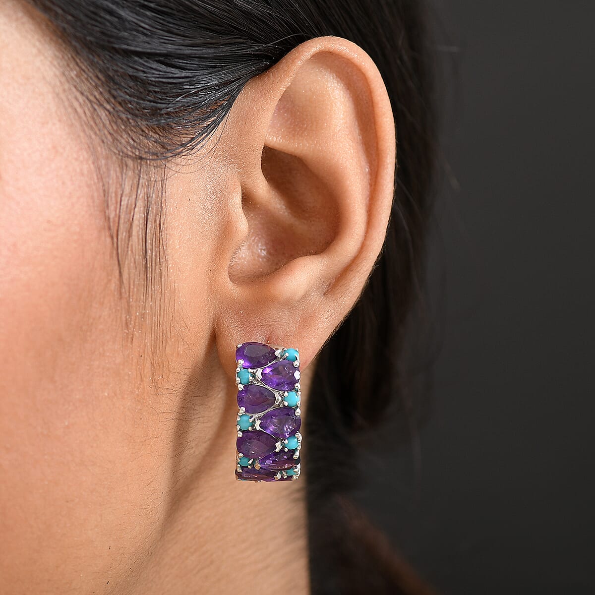 Doorbuster D'Joy African Amethyst and Lagoon Turquoise 12.10 ctw Tears of The Moon Earrings in Rhodium Over Sterling Silver image number 2