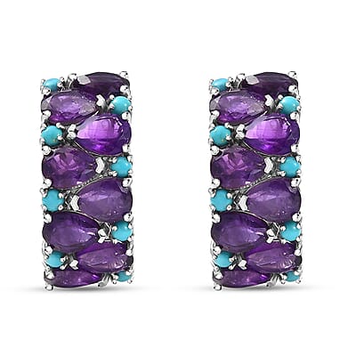 D'Joy African Amethyst and Lagoon Turquoise 12.10 ctw Tears of The Moon Earrings in Rhodium Over Sterling Silver