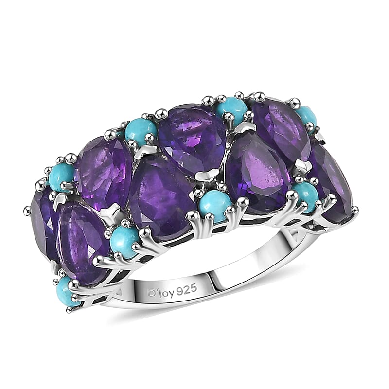 D'Joy African Amethyst, Lagoon Turquoise Ring in Rhodium Over Sterling Silver 5.50 ctw (Size 10.0)
