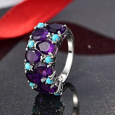 D'Joy African Amethyst, Lagoon Turquoise Ring in Rhodium Over Sterling Silver 5.50 ctw (Size 10.0)
