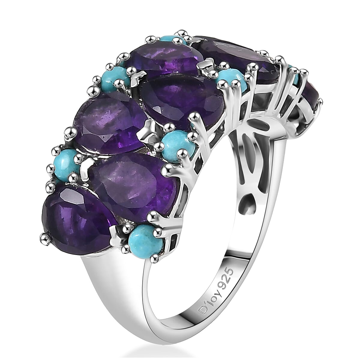Doorbuster D'Joy African Amethyst and Lagoon Turquoise 6.00 ctw Tears of The Moon Ring in Rhodium Over Sterling Silver (Size 10.0) image number 3