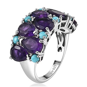 D'Joy African Amethyst, Lagoon Turquoise Ring in Rhodium Over Sterling Silver 5.50 ctw (Size 11.0)