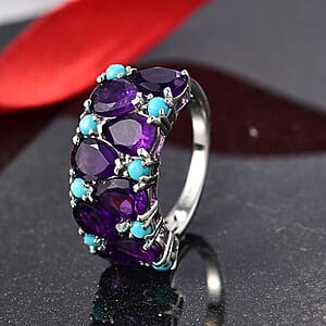 D'Joy African Amethyst, Lagoon Turquoise Ring in Rhodium Over Sterling Silver 5.50 ctw (Size 6.0)