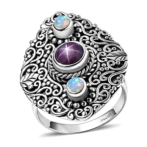 D'Joy Indian Star Ruby and Ethiopian Welo Opal 2.90 ctw Filigree Art Ring in Sterling Silver (Size 10.0)