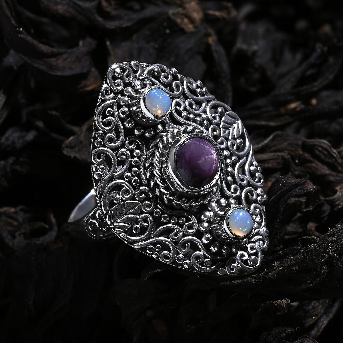 D'Joy Indian Star Ruby and Ethiopian Welo Opal 2.90 ctw Filigree Art Ring in Sterling Silver (Size 10.0) image number 1