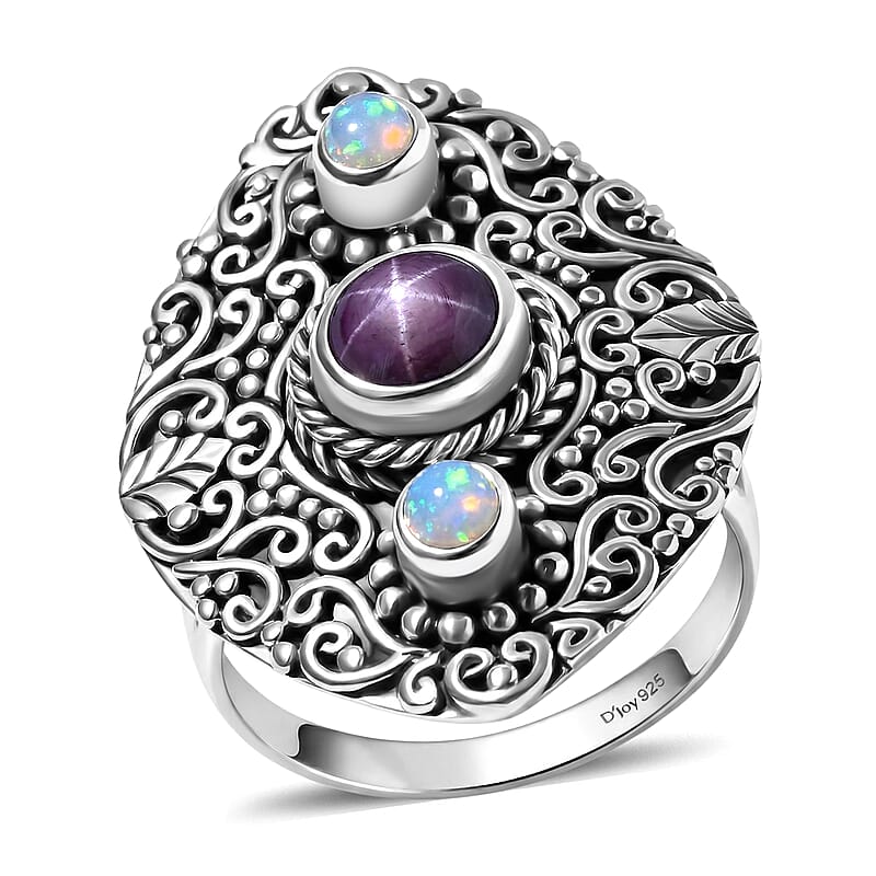 D'Joy Indian Star Ruby and Ethiopian Welo Opal 2.90 ctw Filigree Art Ring in Sterling Silver (Size 5.0)