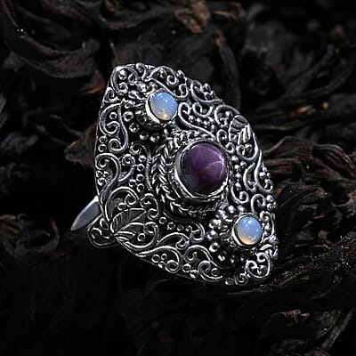D'Joy Indian Star Ruby and Ethiopian Welo Opal 2.90 ctw Filigree Art Ring in Sterling Silver (Size 5.0)