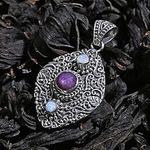 D'Joy Indian Star Ruby and Ethiopian Welo Opal 2.70 ctw Filigree Art Pendant Without Chain in Sterling Silver