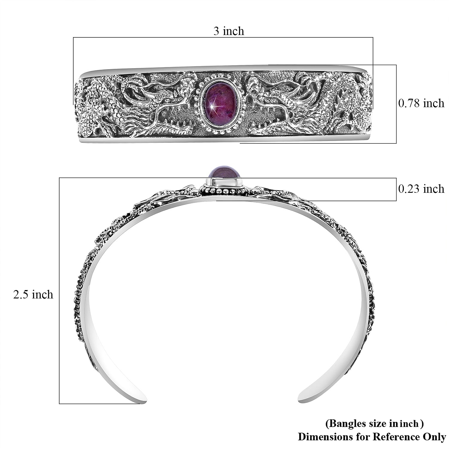 D'Joy Bali Legacy Indian Star Ruby 5.00 ctw Dragon Bangle Bracelet in Sterling Silver (7.25 In)