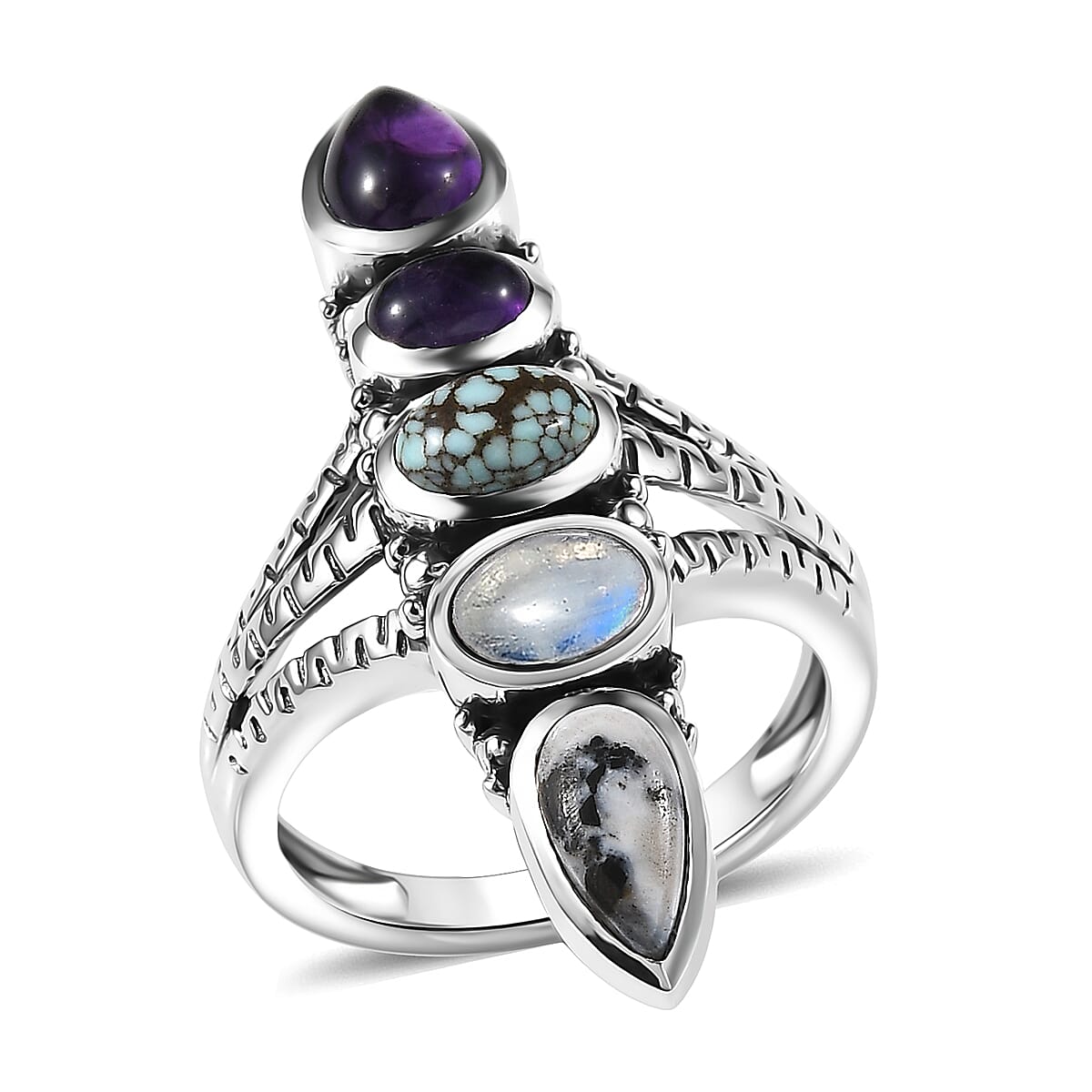 D'Joy Indian Artisan Crafted White Buffalo, Multi Gemstone Ring in Black Oxidised Sterling Silver 2.90 ctw (Size 10.0)