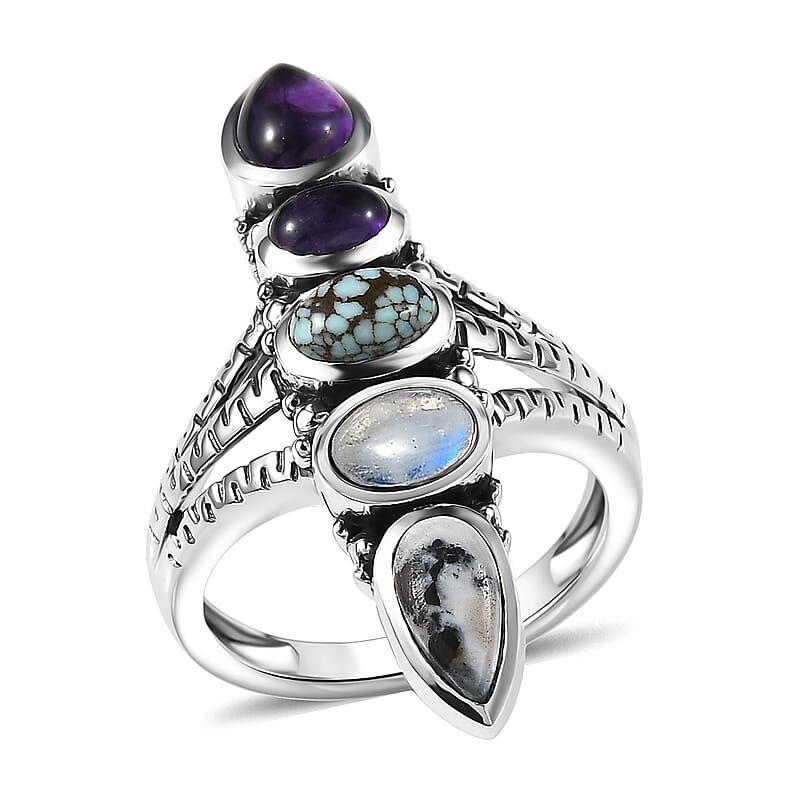 D'Joy Indian Artisan Crafted White Buffalo, Multi Gemstone Ring in Black Oxidised Sterling Silver 2.90 ctw (Size 10.0)
