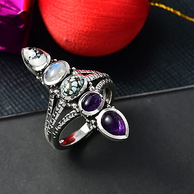 D'Joy Indian Artisan Crafted White Buffalo, Multi Gemstone Ring in Black Oxidised Sterling Silver 2.90 ctw (Size 10.0)