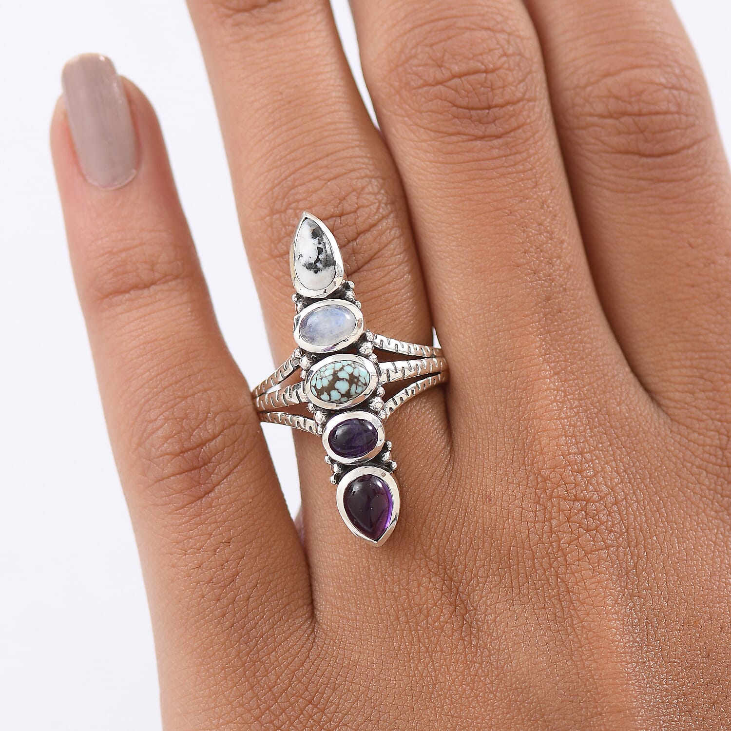 D'Joy Indian Artisan Crafted White Buffalo, Multi Gemstone Ring in Black Oxidised Sterling Silver 2.90 ctw (Size 10.0)