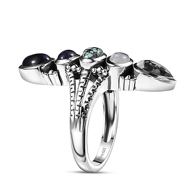 D'Joy Indian Artisan Crafted White Buffalo, Multi Gemstone Ring in Black Oxidised Sterling Silver 2.90 ctw (Size 10.0)
