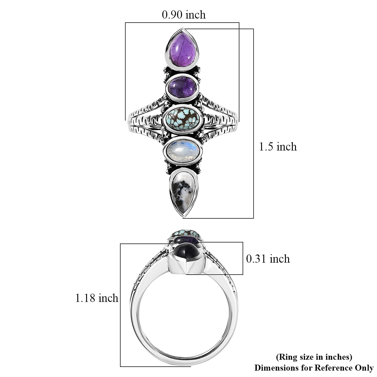 D'Joy Indian Artisan Crafted White Buffalo, Multi Gemstone Ring in Black Oxidised Sterling Silver 2.90 ctw (Size 10.0)