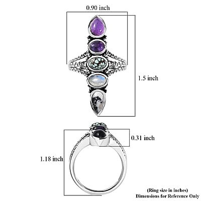 D'Joy Indian Artisan Crafted White Buffalo, Multi Gemstone Ring in Black Oxidised Sterling Silver 2.90 ctw (Size 10.0)