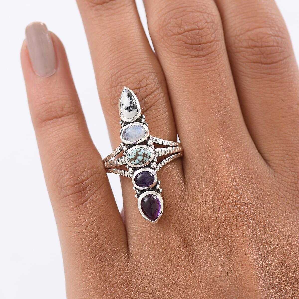 Doorbuster D'Joy Indian Artisan Crafted Premium White Buffalo Turquoise and Multi Gemstone 2.90 ctw Ring in Black Oxidised Sterling Silver (Size 7.0) image number 2