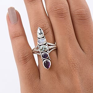 D'Joy Indian Artisan Crafted White Buffalo, Multi Gemstone Ring in Black Oxidised Sterling Silver 2.90 ctw (Size 7.0)