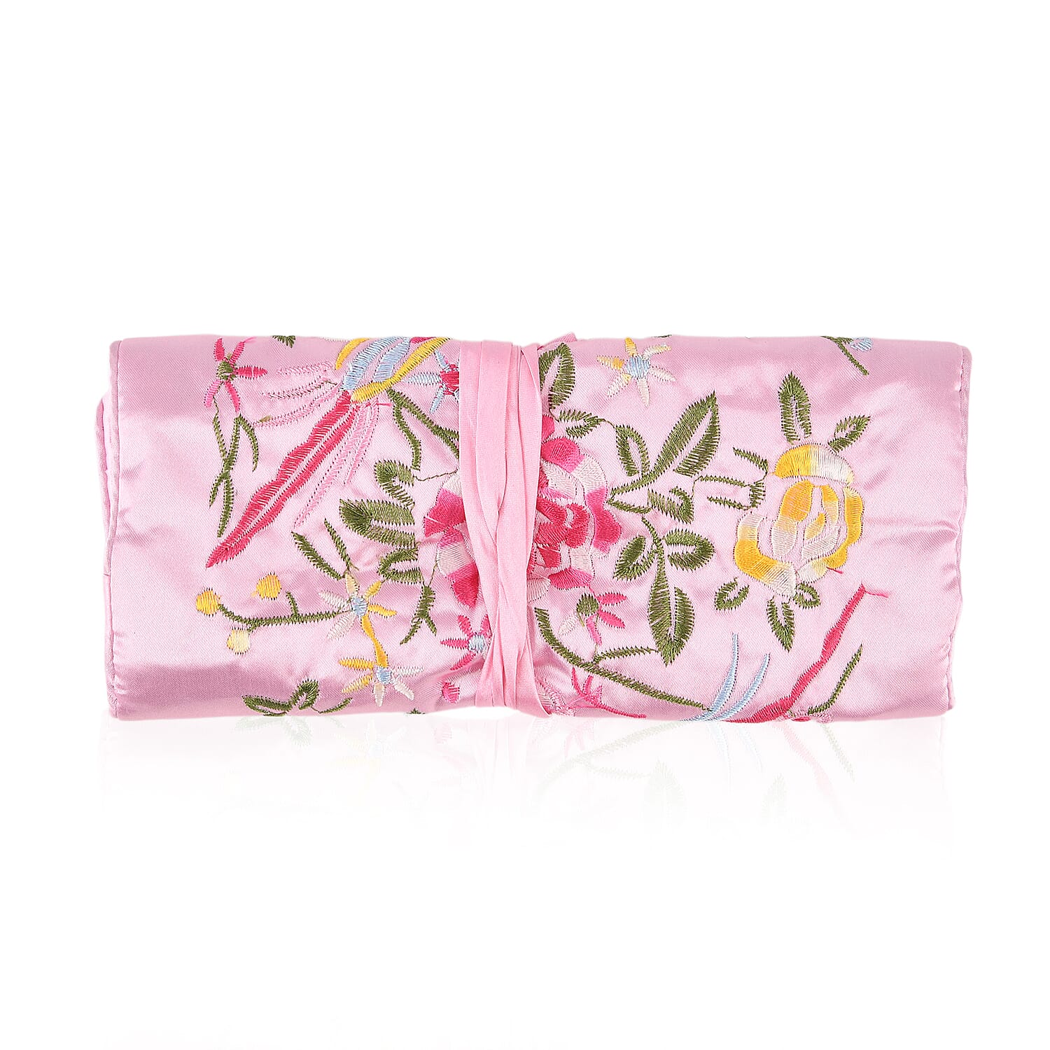 Royal Blue Floral Embroidery Pattern Satin Travel Jewelry Roll Organizer